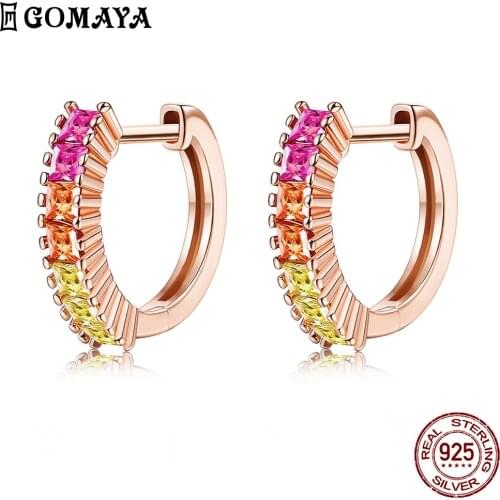 GOMAYA Rainbow Series Type Hoop Earrings For Women 925 Sterling Silver Inlay Row Zircon Earring Elegent Life Trendy Fine Jewelry