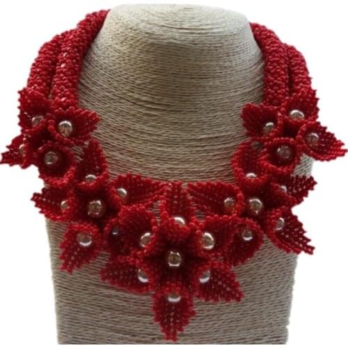 Dudo African Jewelry Set Red Crystal Flowers Jewellery Set 2 Rows Godki Bib Indian Necklace Set Including Bracelet Earrings 2019