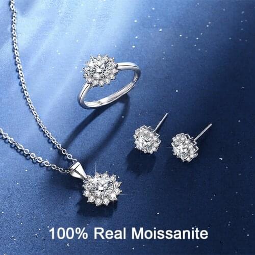 Diamond Bridal Jewelry Set Sunflower Sterling Silver Moissanite Necklace Earring Ring Set Wedding Jewelry Women GRA Certified