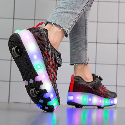 Boy Girl USB Charging Light Up Children Tennis Sneakers Shoes with Two Double Wheels Kids Boys Grils Roller Skate Sneaker Shoe