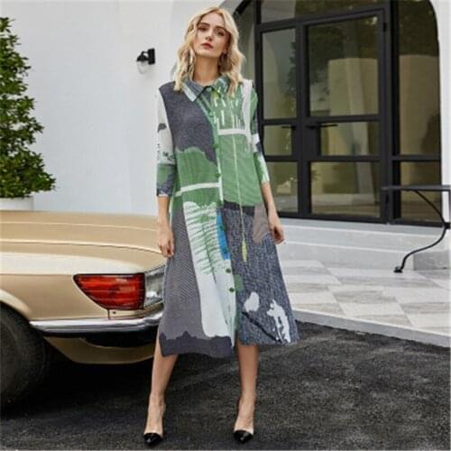 Miyake pleated button womens dress spring and autumn lapel long fashion loose large size three-quarter sleeve printing women