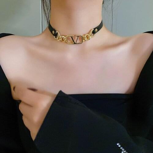 SRCOI Trendy Geometric Black Leather Necklace Simple Metal Letter V Collar Women Popular Hip-Hop Jewelry Accessories 202104