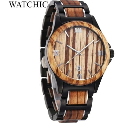 Men Wood Watch Steel Wooden Wristwatch gift idea Date watch Relogio Masculino Minimal Style ZebraWood black Stainless Steel