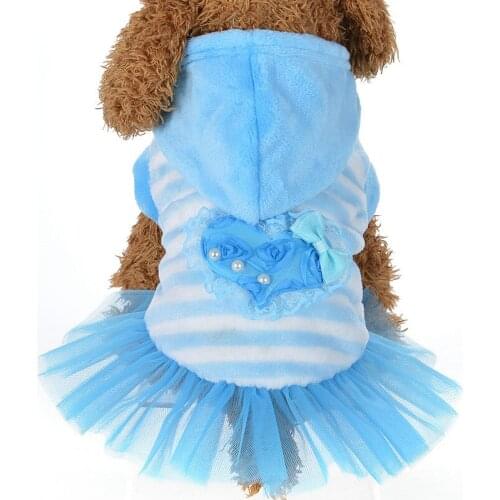 New Lovely Style Pet Dog Clothes Cute Pink Blue Lace Decoration Sweetheart Dogs Dress Small Clothes Puppy Striped Hooded Clothes