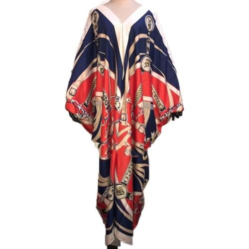 Европейская одежда Colorful Printed V-neck Evening party Full Length Silk dresses Loose bohemian Summer Silk kaftan long dress