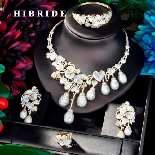 HIBRIDE Luxury Water Drop Necklace Pendant Gold Color Luxury Women Jewelry Set For Bridal Party Accessories Jewelry Gifts N-927
