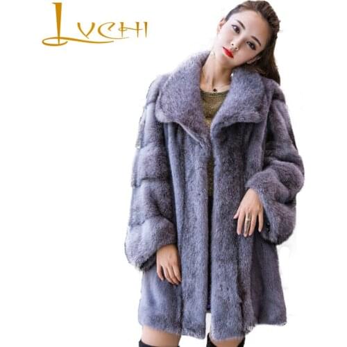 LVCHI Winter 2019 Import Cross Mink Real Mink Fur Coats Turn-Down Collar Womens Long Sleeve Loss Medium Loss Causal Mink Coats