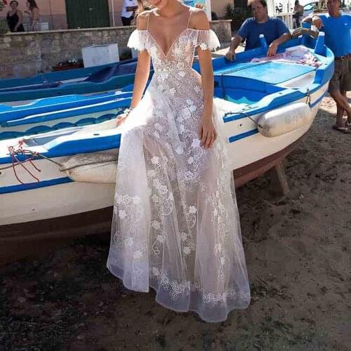 SSYFashion New White Lace Evenig Dress Sexy V-neck Backless Romantic Beach Gowns Long Formal Dresses Vestido Largo Fiesta Noche