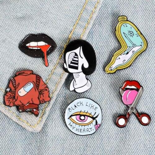Funny Lips Scissors Wall Clock Brooch Bag Clothes Portfolio Lapel Enamel Pin Badges Cartoon Jewelry Gifts For Friends