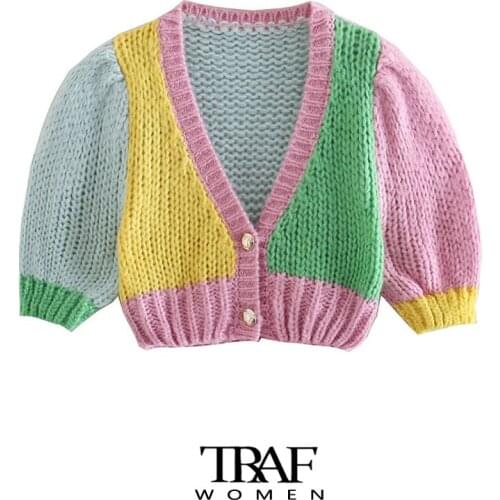 TRAF Za Women Sweet Fashion Patchwork Cropped Cable-knit Cardigan Sweater Vintage Puff Sleeve Female Outerwear Chic Tops
