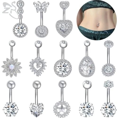 ZS 14 Style Sexy Navel Belly Button Ring 14g CZ Crystal Pendant Belly Rings 2 Colors 316L Stainless Steel Belly Piercing Jewelry