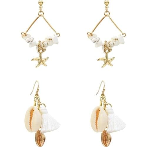 2Pairs/Lot New Pendant Natural Shell Statement Dangle Summer Beach Earrings Sea Bride Starfish Cotton Women Drop Earring Brincos