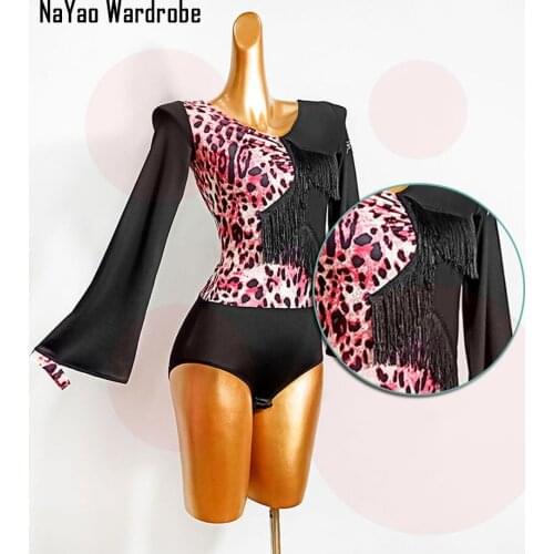 Long Sleeve Leopard Printed Patchwork design Tassel Latin Dance Bodysuit Stage Performance Dress DL577 Latin Dance Costume