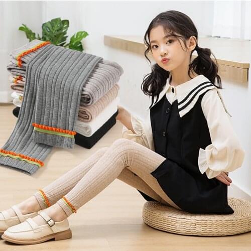 Childrens color lace widened vertical striped cropped trousers spring and autumn thin girls princess bottoming slim trousers