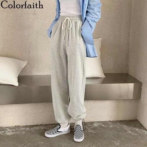 Colorfaith New 2021 Womens Spring Autumn Women Pants Wide Leg High Waist Sweatpants Jogging Ankle-Length Lady Trousers P107