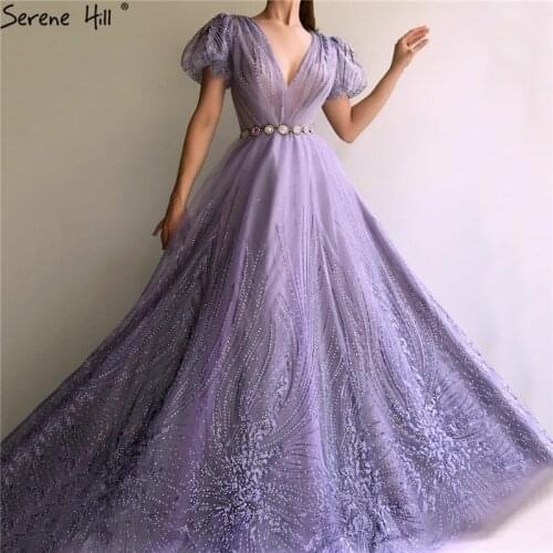 Purple Short Sleeves Diamond Sashes Prom Dresses 2020 V-Neck Sexy Tulle Prom Gowns Long Serene Hill BLA70136