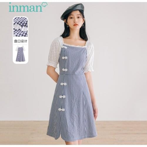 INMAN Summer Autumn Womens Dress Retro Sweet Square Collar Fresh Elegant Plaid Chinese Frogs Short Sleeve One-Piece