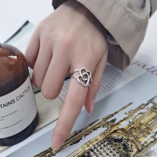 Ckysee 100% 925 Sterling Silver Simple Double Heart Cross Rings Adjustable Closed Ring For Woman Dia 18mm 925 Silver Charms JewE