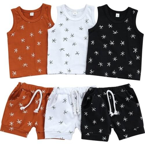 New 2 Pieces Kids Suit Set, Unisex Star Print Round Collar Sleeveless Pullover+ Short Pants for Summer, Brown/White/Black