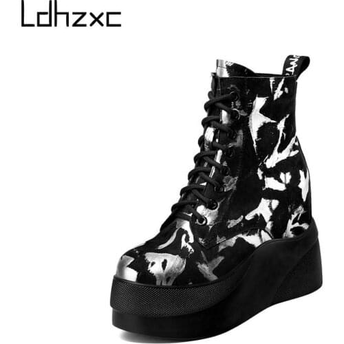 LDHZXC Autumn Wedges Shoes for Women Boots Thick Bottom Fashion Zipper Ankle Boots Elegant Lady Cow Leather Platform Heel