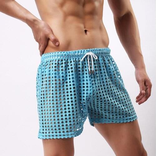 Summer Men Casual shorts Sexy Breathable Hollow Mesh Casual shorts Drawstring Lounge Men Shorts 2021