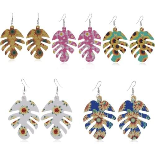 Summer New Flower Print Leaf Pattern Leather Drop Earrings Hot Selling Sunflower Print PU Leather Drop Earrings Wholesale