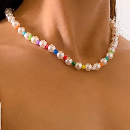Fashion Wedding Pearl Choker Necklace for Women Geometric Candy Color Beads Necklace Party Jewelry Collier De Perles