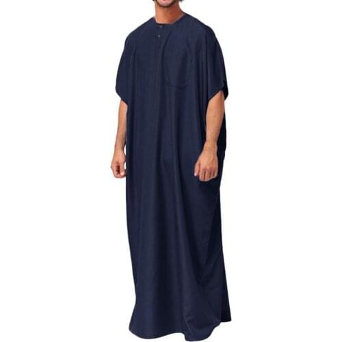 Muslims Robe Men V-neck Short Sleeve Male Robe Simple Solid Color Smooth Loose Robe Traditional Clothing Kaftan Jubba Thobe