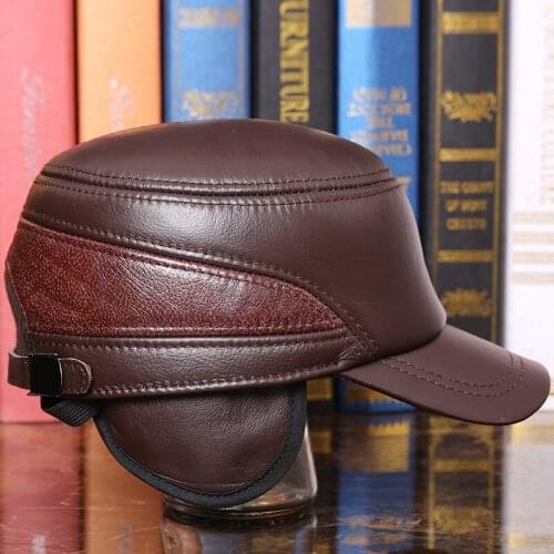Mens Genuine Leather Cap Mens Genuine Leather Hat Adult Thermal Ear Protection Hat Male Baseball Cap Adjustable B-7277