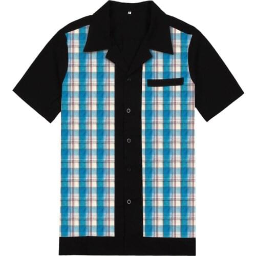 50s Inspired Vintage Men Shirt ST111 Blue Plaid Black chemise homme Bowling Casual Shirt Cotton Men Clothing