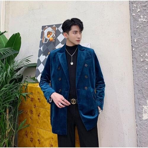 2021 New Men Blue Velvet Double-breasted Casual Suit Jacket Male Streetwear Vintage Fashion Hip Hip Blazer Coat Autumn