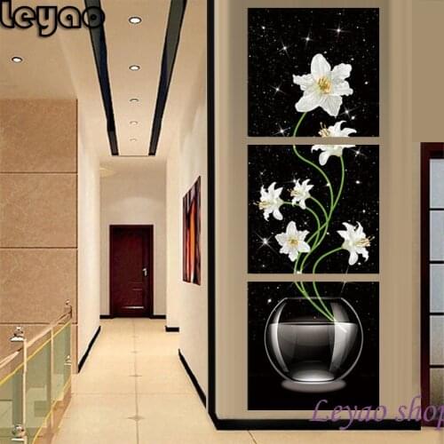 Modern Flowers 5D Diy Diamond Painting Home Decor 3 Panel Posters Triptych Paintings For Living Bedroom Diamond Embroidery