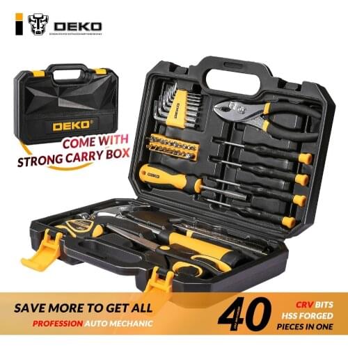DEKOPRO 40-Piece Hand Tool Set General Household Hand Tool Kit with Plastic Toolbox Storage Case Hammer Plier Screwdriver Knife