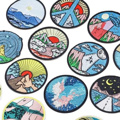 Scenery Patch Sun Mountain Iron On Patches For Clothes Round Patch Embroidered Patches For Clothing Ironing Stickers