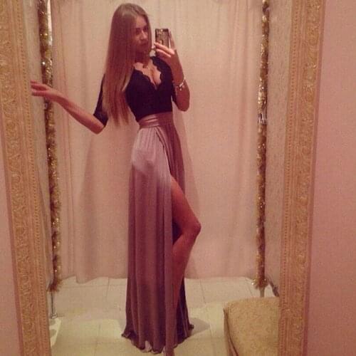 New 2019 Lace Patchwork High Waist Split Long Dress Women V-Neck Maxi Bodycon Dress Sexy Elegant Party Women Clothes Plus Size