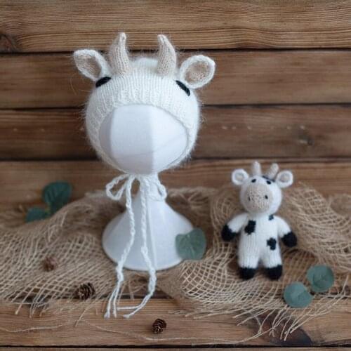 New Style Cow Set Newborn Photography Props Knit Angola Cow Bonnet and Toy Crochet Animal Stuffed