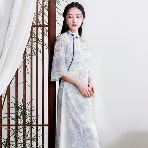 Chinese Style Dress for Women Improved Version of Long Retro Cheongsam Half Sleeve Long Qipao 2021 Summer New Printed Cheongsam
