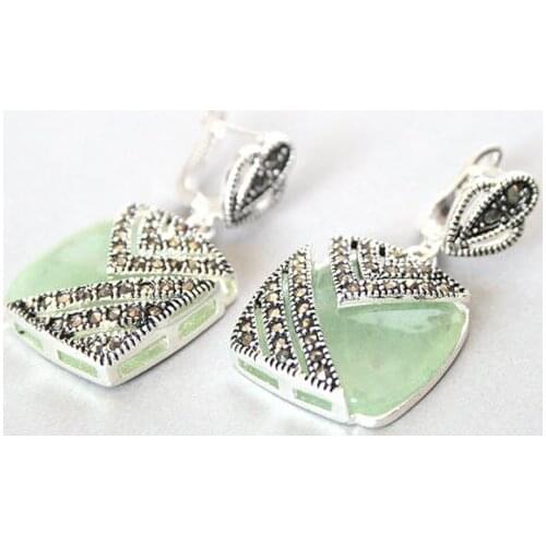Fancy ladys 925 Silver Hook green Natural jade Marcasite Square Earrings
