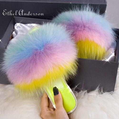 Ethel Anderson 2020 Fluffy Furry Raccon Fox Fur Slippers Flip Flops Beach FUR Slides Crystal Bling Women Plush Designer Slippers