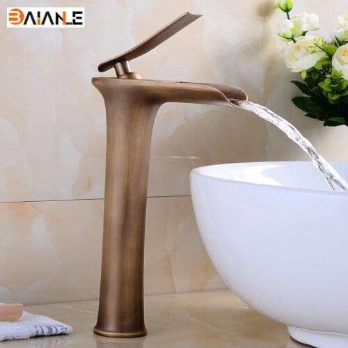 Lavatory Basin Faucets Waterfall Spout Single Handle Bathroom Sink Vessel Faucet Mixer Tap Tall Body Solid Brass Chrome Finished