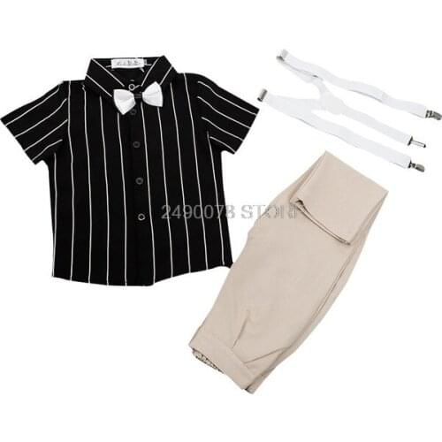 Flower Boys Formal Wedding Suit Gentleman Prince Kids Strap Shirt Pants Bowtie 4Pcs Dress Girls Piano Performance Costume