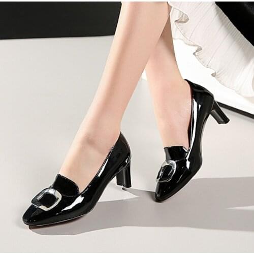 Thick heel square single shoes women red small shoes wild patent leather mid-heel black high heel work shoes lazy scoop shoes