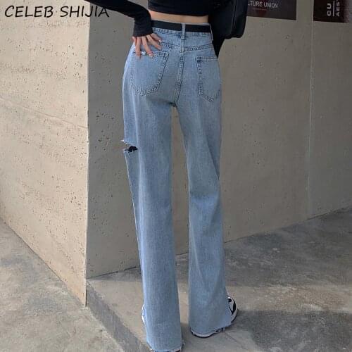 Korean Wide Leg Pants Denim Woman High Waisted Jeans Light Blue Hole Ripped Jeans Female Street Floor Y2k Split Mom Jeans Woman
