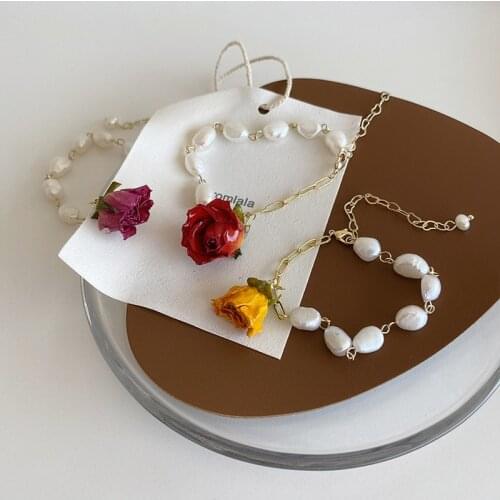 Origin Summer Fashion Rose Charm Bracelets for Women Mixed Chunky Link Chain Natural Freshwater Pearl Bracelet Party Jewelry