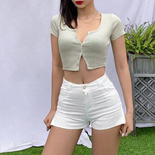 Women Stretchy Knitted Crop Top 2020 Summer Button Green Blue Tight Rib-knitted Plain Short Sleeve Short Tops