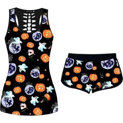 2020 Halloween 2Pieces Suits For Women Pumpkin Skull Print Sleeveless Tank Tops+Elastic Waist Shorts Sun Moon Print Punk Suits