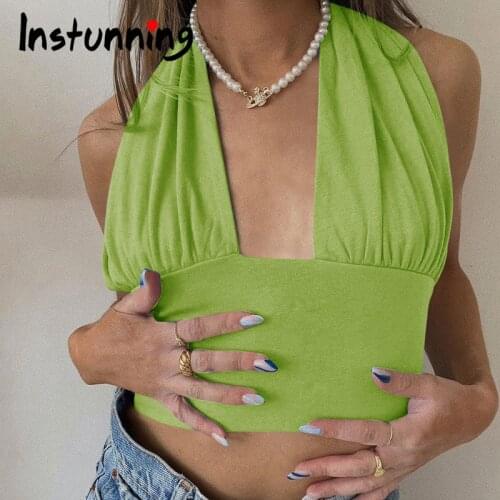 Instunning Women Sexy Camis Cropped Tops Patchwork Halter Hollow Out Backless Sleeveless Tank 2021 Summer Club Party Streetwear