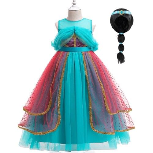 Girls Jasmine Dress Up Tutu Dresses for Kids Dot Gold Edge Dress Flower Princess Costume Children Halloween Cosplay Fancy Frocks