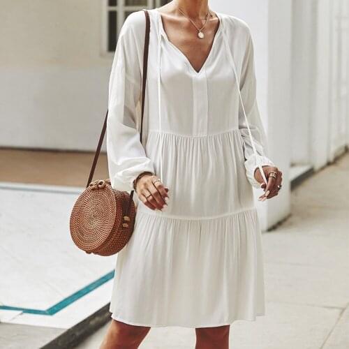 Womens Long Sleeve Dress V-neck Collar Drawstring Design High Waist Loose Flowy Swing Dresses for Spring A66