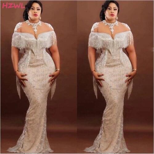Plus Size Tassels Mermaid Evening Dresses Saudi Arabia Sheer Neck Appliques Lace Prom Dress African Women Wear vestido de festa